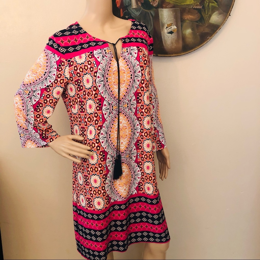 Sandra Darren Boho Geometric Medallion Print Shift Dress Pink Orange 12